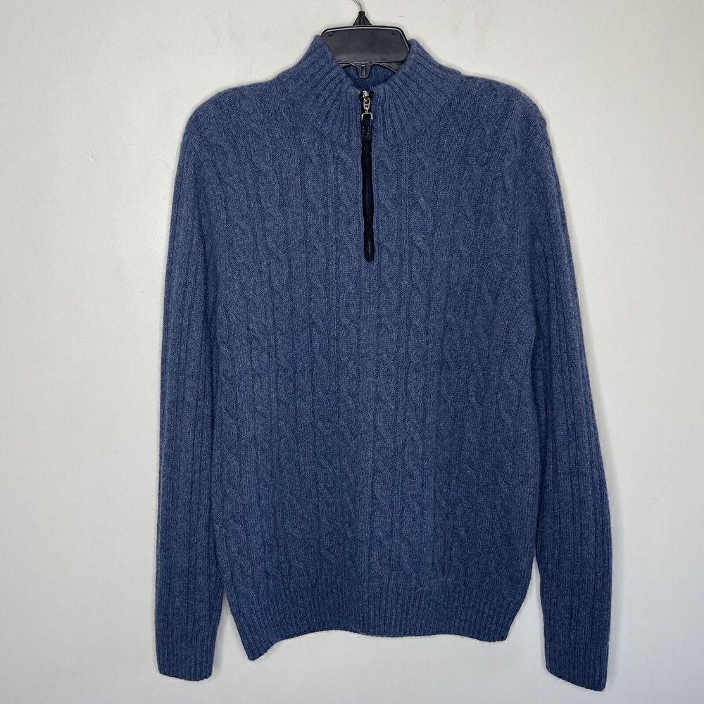 GIANETTI Sweater Mens Large Blue Cable-Knit Wool Blend Pullover 1/4-Zip ITALY